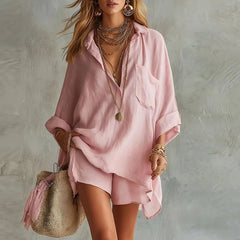 Women’s Cotton Linen Shirt and Shorts Set – Breathable Oversized Summer Holiday Co-Ord