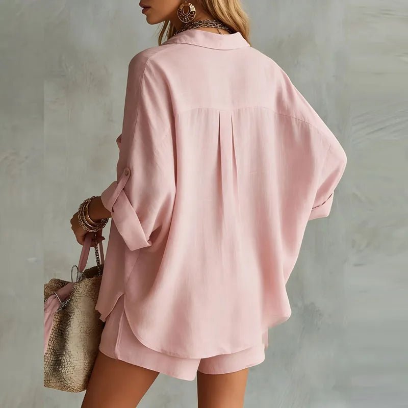 Women’s Cotton Linen Shirt and Shorts Set – Breathable Oversized Summer Holiday Co-Ord