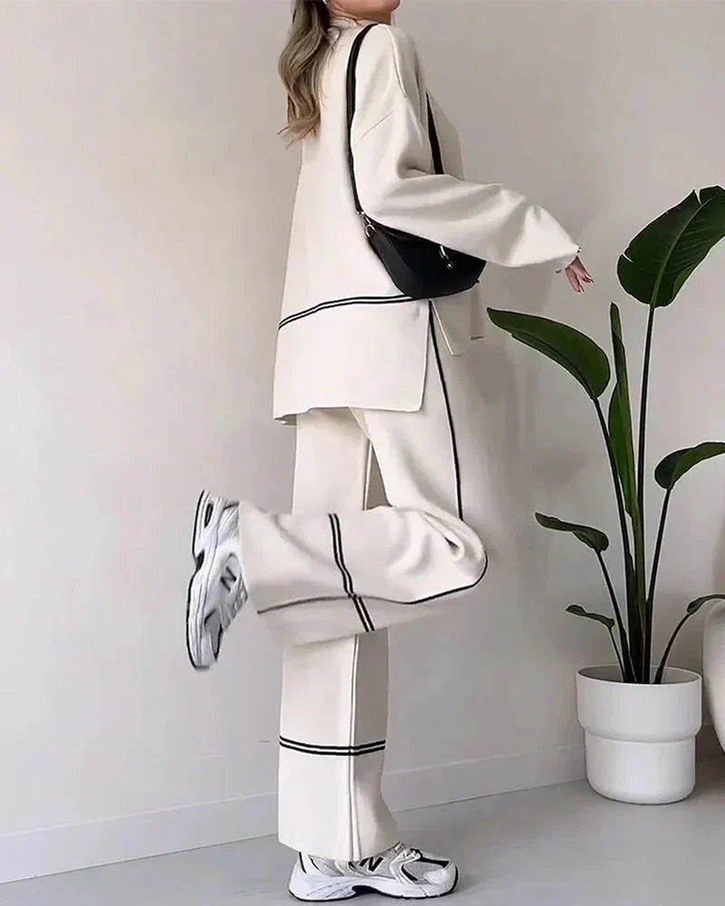 Women’s Contrast-Trim Oversized Co-Ord Set – Relaxed Long-Sleeve Top with Wide-Leg Trousers for Everyday Wear