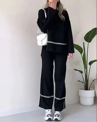 Women’s Contrast-Trim Oversized Co-Ord Set – Relaxed Long-Sleeve Top with Wide-Leg Trousers for Everyday Wear