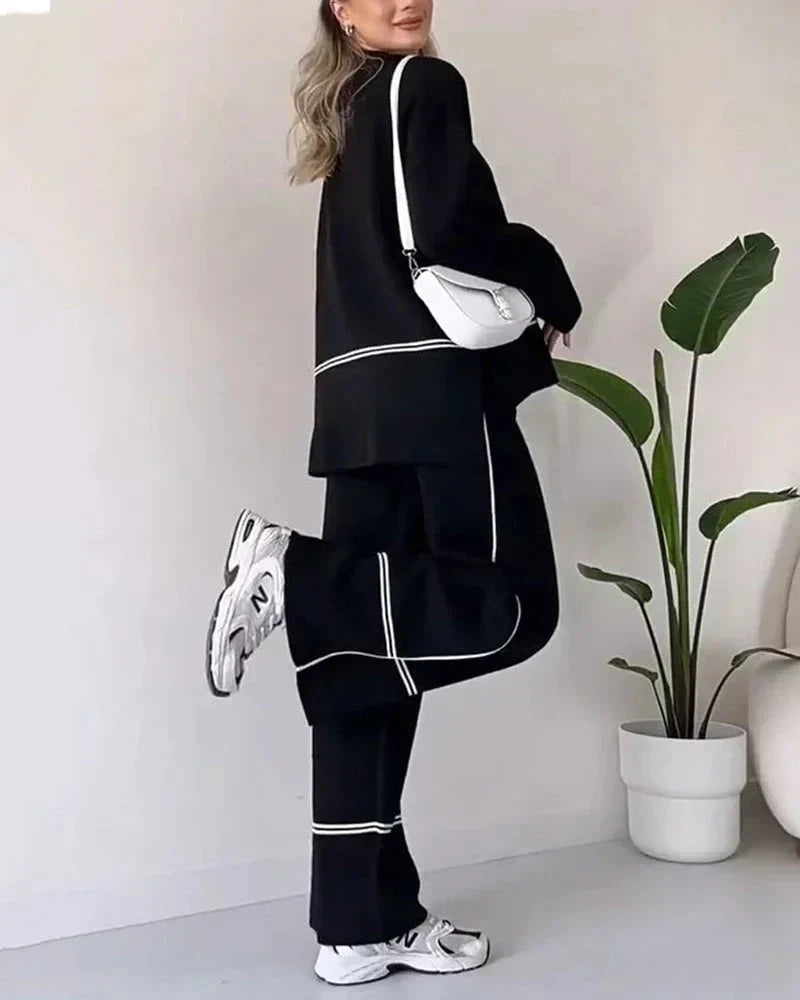 Women’s Contrast-Trim Oversized Co-Ord Set – Relaxed Long-Sleeve Top with Wide-Leg Trousers for Everyday Wear