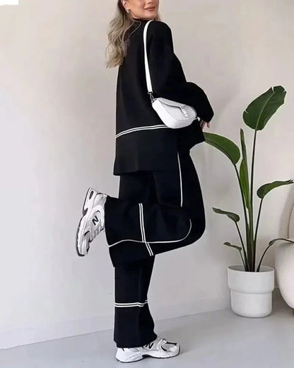 Women’s Contrast-Trim Oversized Co-Ord Set – Relaxed Long-Sleeve Top with Wide-Leg Trousers for Everyday Wear