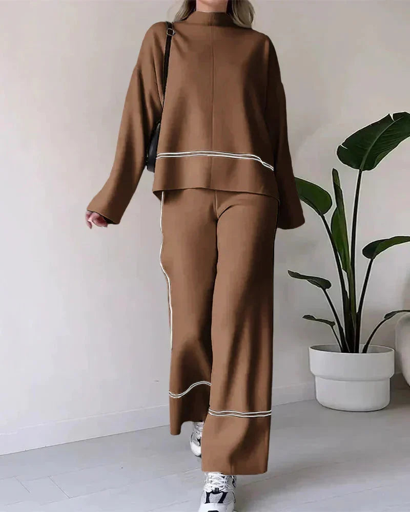 Women’s Contrast-Trim Oversized Co-Ord Set – Relaxed Long-Sleeve Top with Wide-Leg Trousers for Everyday Wear