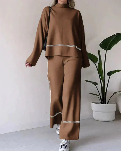 Women’s Contrast-Trim Oversized Co-Ord Set – Relaxed Long-Sleeve Top with Wide-Leg Trousers for Everyday Wear