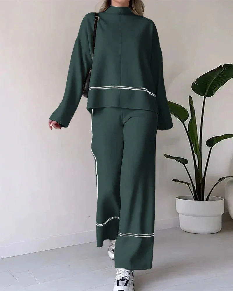 Women’s Contrast-Trim Oversized Co-Ord Set – Relaxed Long-Sleeve Top with Wide-Leg Trousers for Everyday Wear