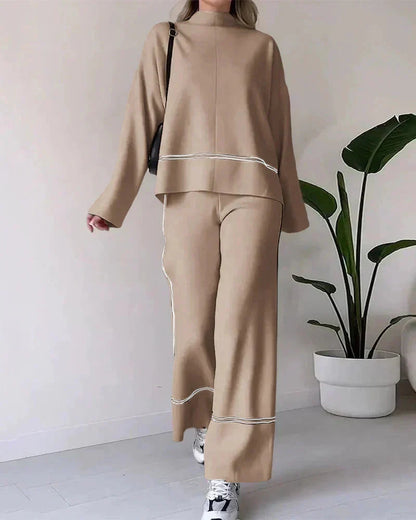 Women’s Contrast-Trim Oversized Co-Ord Set – Relaxed Long-Sleeve Top with Wide-Leg Trousers for Everyday Wear