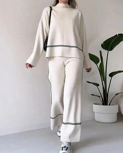 Women’s Contrast-Trim Oversized Co-Ord Set – Relaxed Long-Sleeve Top with Wide-Leg Trousers for Everyday Wear