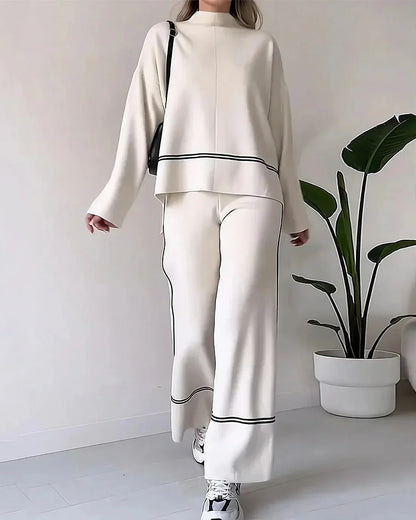 Women’s Contrast-Trim Oversized Co-Ord Set – Relaxed Long-Sleeve Top with Wide-Leg Trousers for Everyday Wear