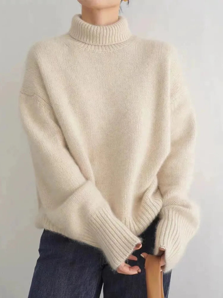Women’s Roll-Neck Jumper – Drop-Shoulder Fine Knit with High Collar