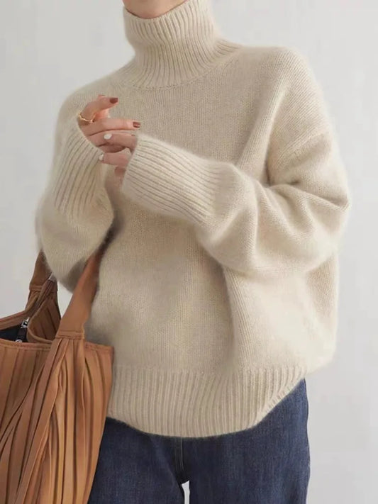 Women’s Roll-Neck Jumper – Drop-Shoulder Fine Knit with High Collar