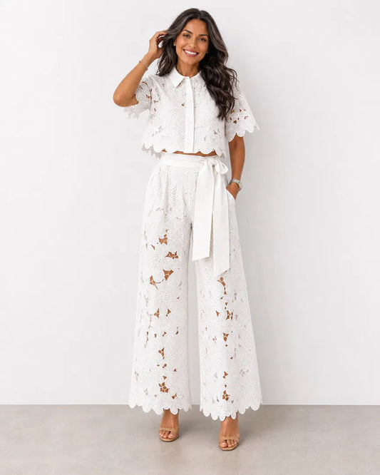 Women’s Openwork Lace Co-Ord Set – Cropped Shirt and Palazzo Trousers for Spring and Summer Events