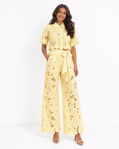 Women’s Openwork Lace Co-Ord Set – Cropped Shirt and Palazzo Trousers for Spring and Summer Events