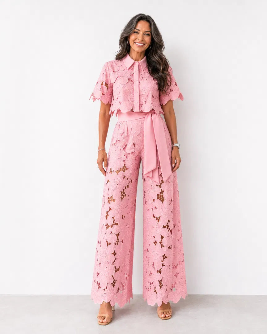 Women’s Openwork Lace Co-Ord Set – Cropped Shirt and Palazzo Trousers for Spring and Summer Events