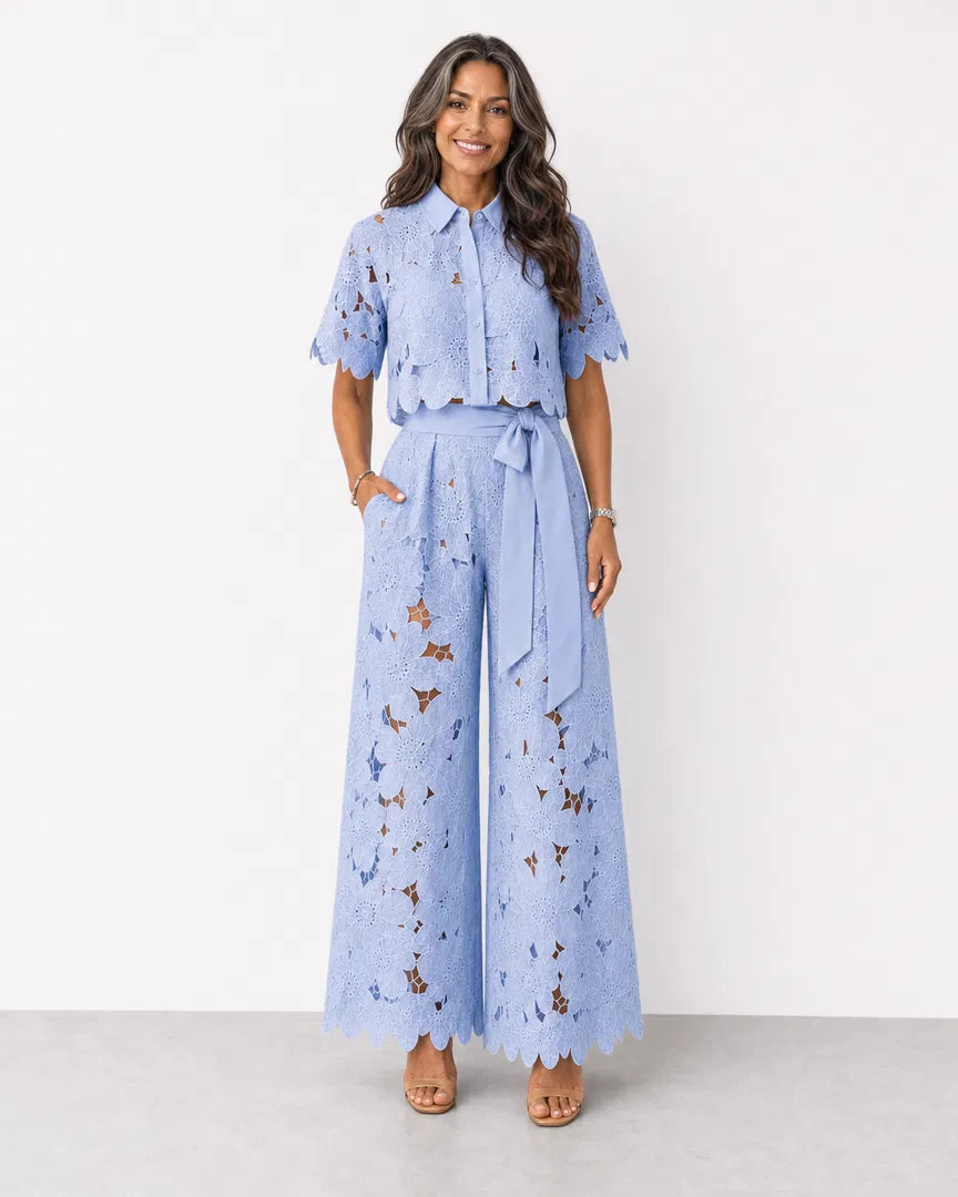 Women’s Openwork Lace Co-Ord Set – Cropped Shirt and Palazzo Trousers for Spring and Summer Events