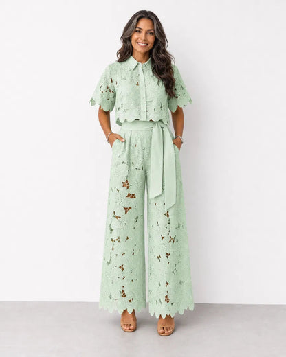 Women’s Openwork Lace Co-Ord Set – Cropped Shirt and Palazzo Trousers for Spring and Summer Events