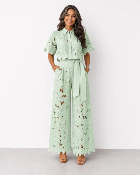Women’s Openwork Lace Co-Ord Set – Cropped Shirt and Palazzo Trousers for Spring and Summer Events