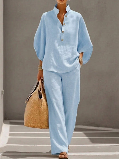 Women’s Relaxed Co-Ord Set – Stand Collar Top and Palazzo Trousers for Spring and Summer Travel
