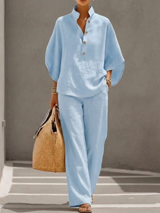 Women’s Relaxed Co-Ord Set – Stand Collar Top and Palazzo Trousers for Spring and Summer Travel