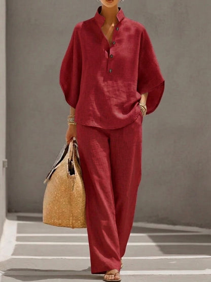 Women’s Relaxed Co-Ord Set – Stand Collar Top and Palazzo Trousers for Spring and Summer Travel