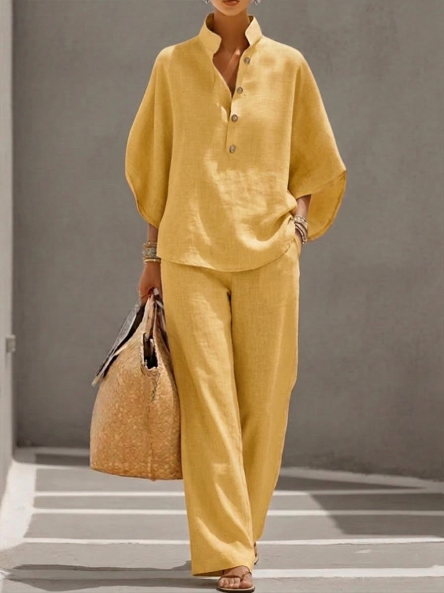 Women’s Relaxed Co-Ord Set – Stand Collar Top and Palazzo Trousers for Spring and Summer Travel