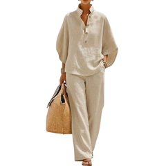 Women’s Relaxed Co-Ord Set – Stand Collar Top and Palazzo Trousers for Spring and Summer Travel