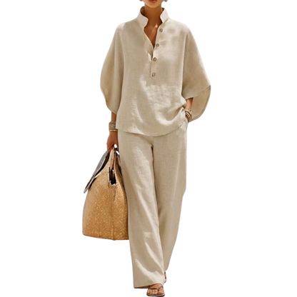 Women’s Relaxed Co-Ord Set – Stand Collar Top and Palazzo Trousers for Spring and Summer Travel