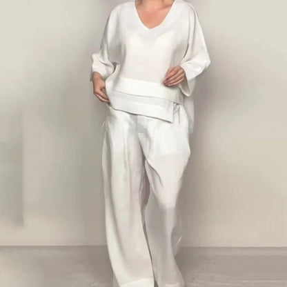 Women’s Relaxed Wide-Leg Trouser Set – Layered V-Neck Smart Casual Wear