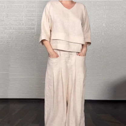 Women’s Relaxed Wide-Leg Trouser Set – Layered V-Neck Smart Casual Wear