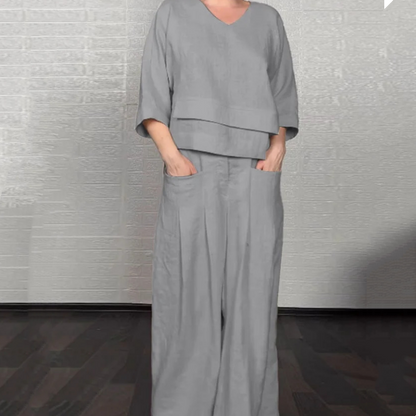 Women’s Relaxed Wide-Leg Trouser Set – Layered V-Neck Smart Casual Wear