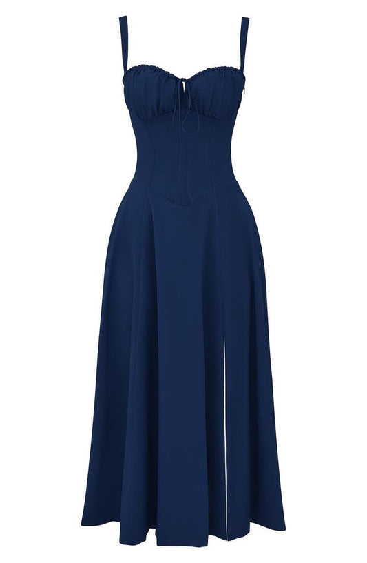 Women’s Printed Corset Midi Dress – Structured Summer Occasion Style with Flowing Skirt