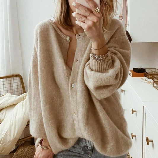 Women’s Oversized Cardigan – Button Placket with Balloon Sleeves
