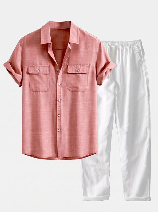 Men’s Textured Pocket Shirt Co-Ord – Linen Blend Straight-Leg Trousers for Summer Smart Casual Wear
