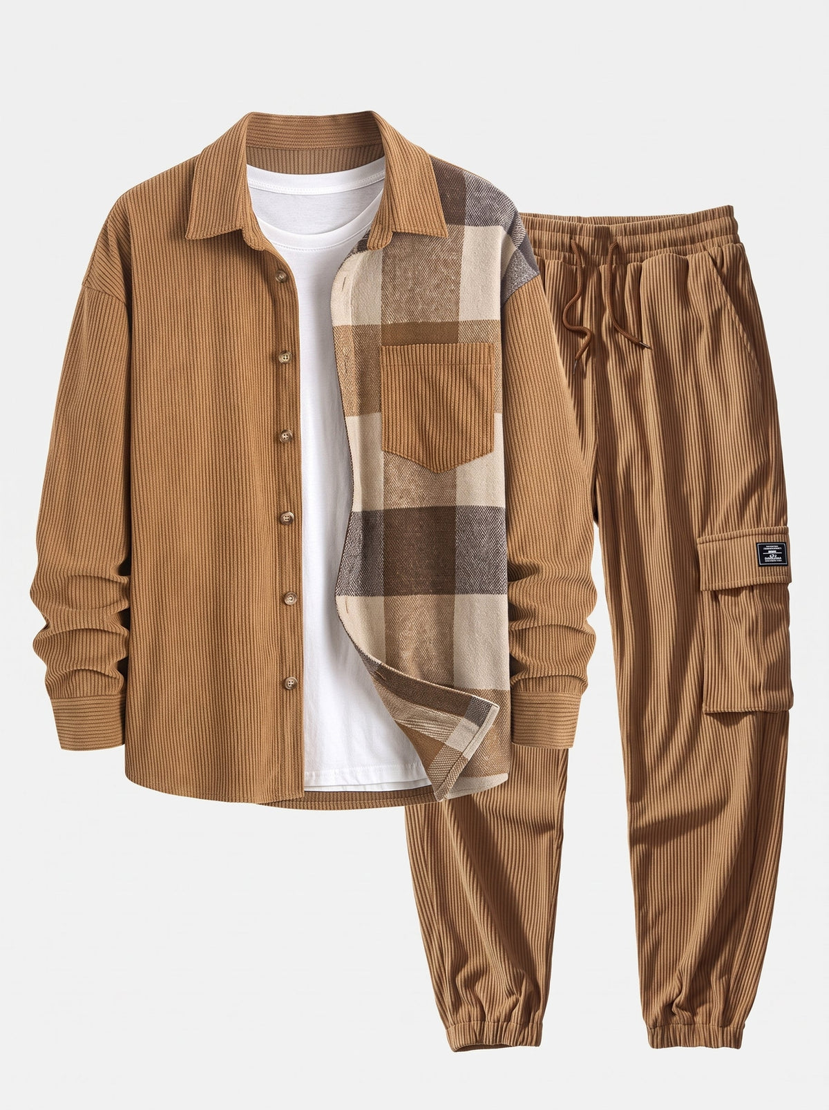 Men’s Corduroy Shirt and Cargo Jogger Set – Relaxed Autumn Streetwear Co-Ord