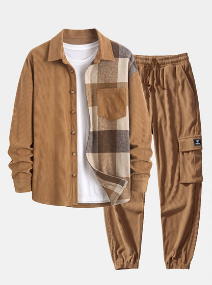 Men’s Corduroy Shirt and Cargo Jogger Set – Relaxed Autumn Streetwear Co-Ord