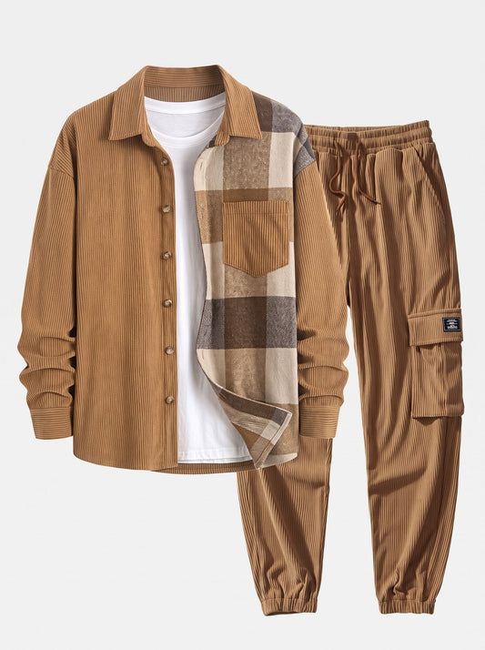 Men’s Corduroy Shirt and Cargo Jogger Set – Relaxed Autumn Streetwear Co-Ord
