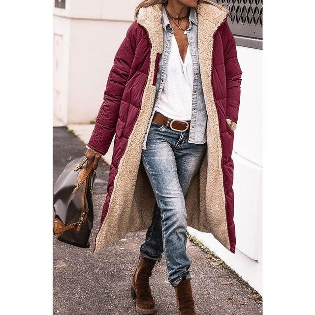 Women’s Hooded Sherpa Fleece Longline Coat – Warm Toggle-Front Winter Layer for Everyday Cold-Weather Wear
