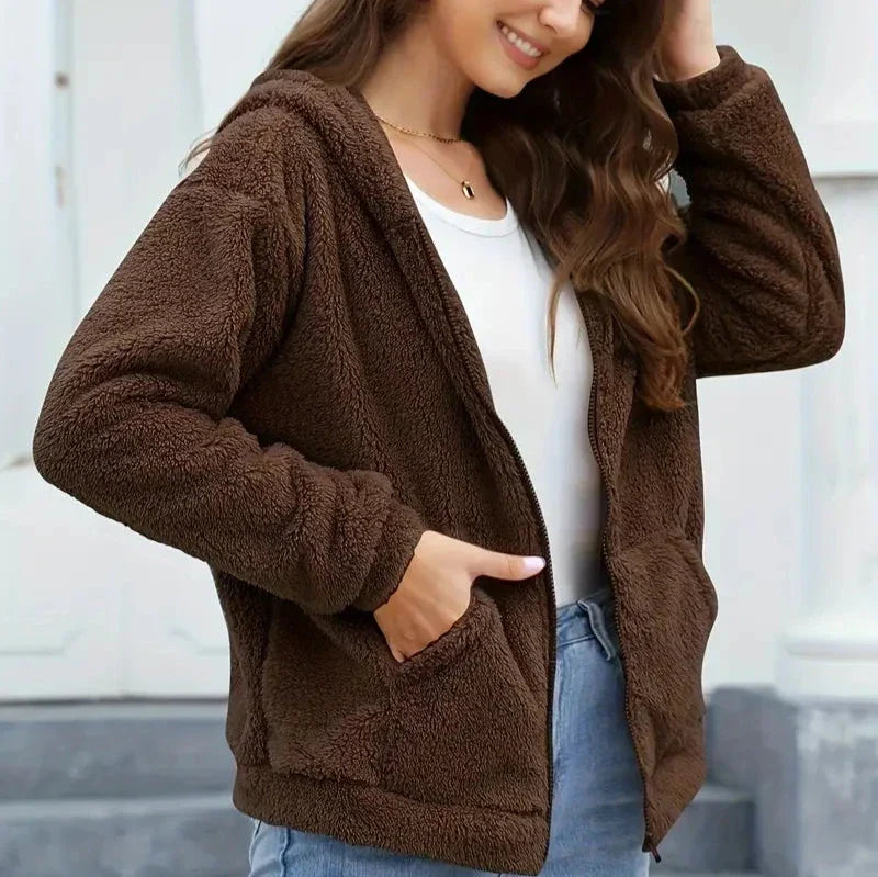 Women’s Hooded Teddy Fleece Zip Jacket – Warm Relaxed Winter Layer for Everyday Casual Wear