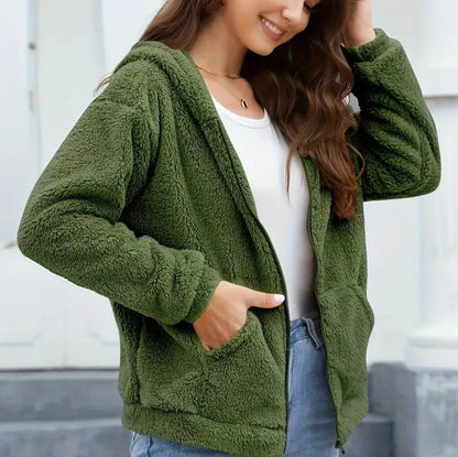 Women’s Hooded Teddy Fleece Zip Jacket – Warm Relaxed Winter Layer for Everyday Casual Wear