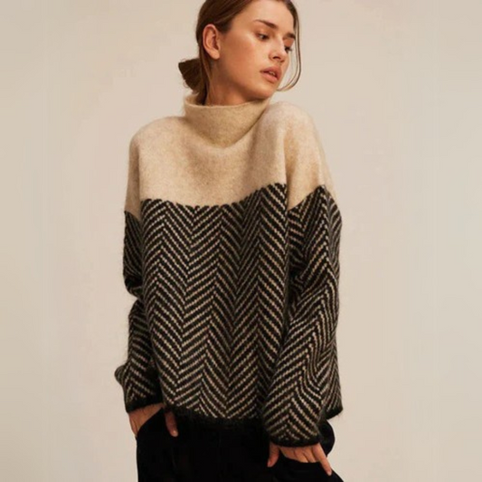 Women’s Roll-Neck Jumper – Herringbone Knit with Contrast Yoke