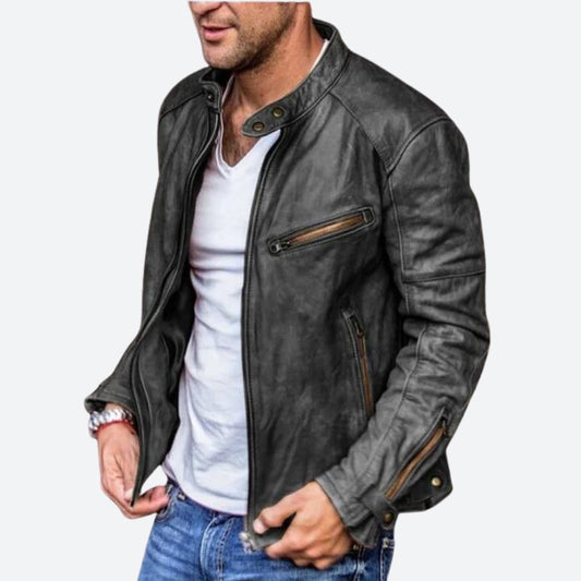 Men’s Vintage Leather Racer Jacket – Rugged Zip-Up Layer for Casual Everyday Wear