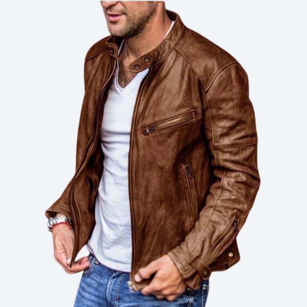 Men’s Vintage Leather Racer Jacket – Rugged Zip-Up Layer for Casual Everyday Wear
