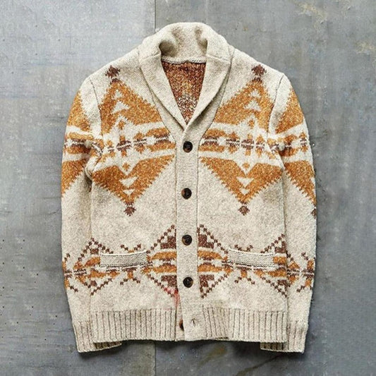 Men’s Vintage-Inspired Shawl Collar Cardigan – Printed Button-Up Knit for Smart Casual Layering
