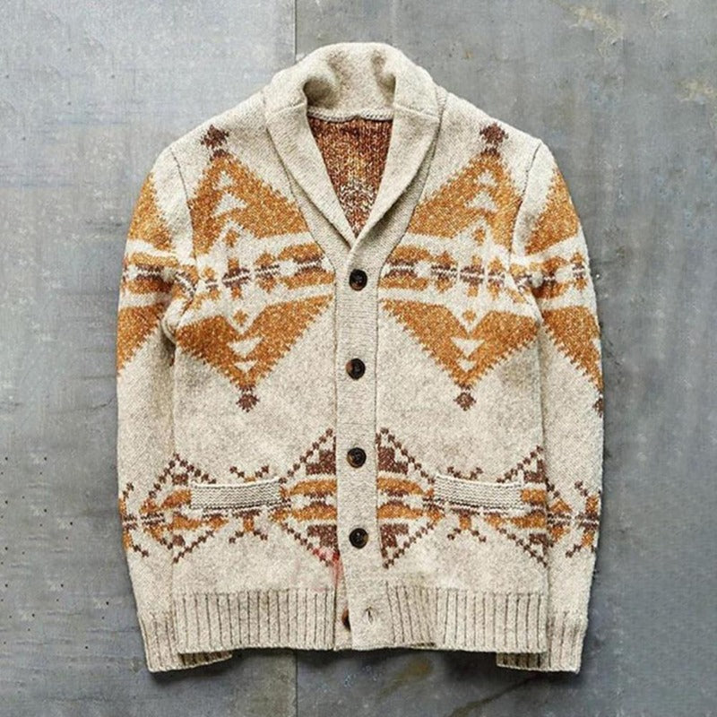 Men’s Vintage-Inspired Shawl Collar Cardigan – Printed Button-Up Knit for Smart Casual Layering