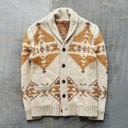 Men’s Vintage-Inspired Shawl Collar Cardigan – Printed Button-Up Knit for Smart Casual Layering