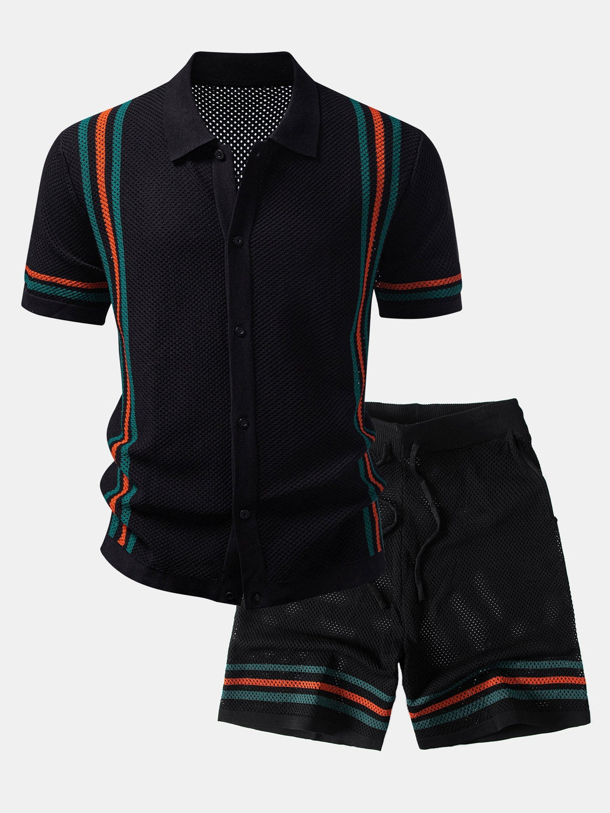 Men’s Summer Shirt and Shorts Set – Open-Knit Button Top with Drawstring Waist