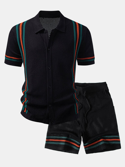 Men’s Summer Shirt and Shorts Set – Open-Knit Button Top with Drawstring Waist