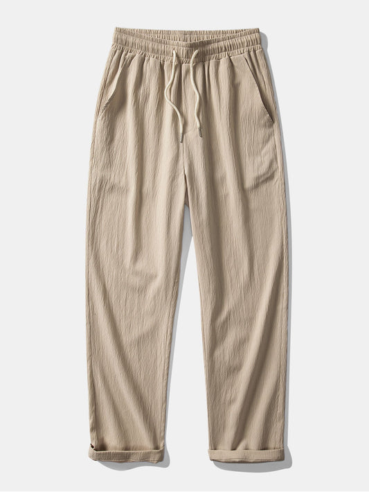 Men’s Textured Straight-Leg Trousers – Drawstring Casual Pants for Travel and Daily Wear