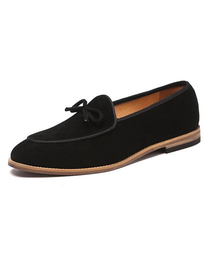 Men’s Suede Loafers – Bow-Detail Slip-On Shoes with Refined Low-Heel Dress Silhouette
