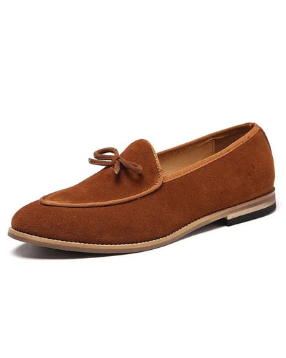 Men’s Suede Loafers – Bow-Detail Slip-On Shoes with Refined Low-Heel Dress Silhouette