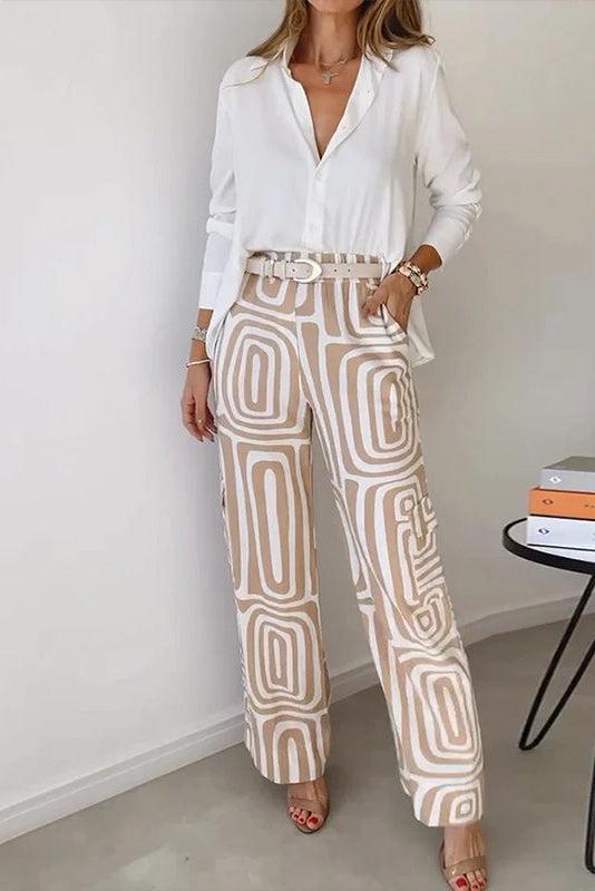 Women’s Two-Piece Set – Printed Shirt Blouse with Wide-Leg Trousers